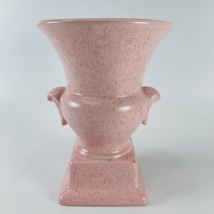 Vtg Art Deco Speckled Pink Pottery Urn Vase Planter Square Plinth 6.5" Decor